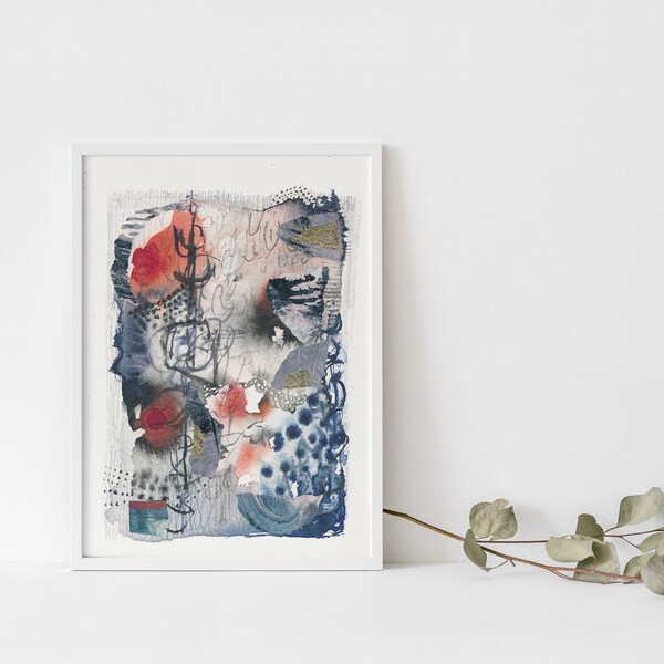 Originele aquarel abstract schilderij Mixed Media Sumie Collage Hedendaagse Muur Kunst Minimalisme Design Bold Kleuren