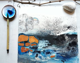 Original Mixed Media Painting Abstract Watercolour Ink Wabi Sabi Style  Minimalist Black and Blue