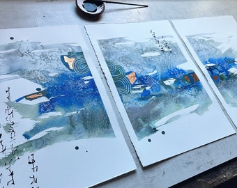 Original Mixed Media Triptych Painting Abstract Watercolour Ink Wabi Sabi Style Minimalist Green and Blues