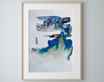 Original Mixed Media Painting Abstract Watercolour Ink Wabi Sabi Style  Minimalist Sky-Scape Soft Colors The Perfect Storm