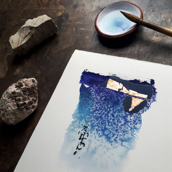Originele aquarel schilderij Abstract Mixed Media Collage - Blue Rain 1 - Wabisabi Landscape Brush Original Wall Art Minimalisme 8x10