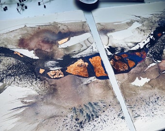 Mixed Media Diptych Painting Abstract Watercolour Ink Wabi Sabi Style Minimalist 12" x 16" each panel