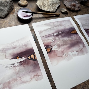 Dipinto originale in tecnica mista, trittico, astratto, acquerello, inchiostro, stile Wabi Sabi, minimalista, rosa pallido