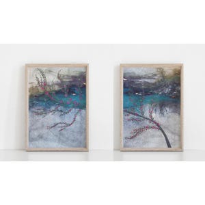 Dipinto originale in tecnica mista, dittico, acquerello astratto, inchiostro, stile Wabi Sabi, minimalista, 14" x 20" Paesaggio astratto con fiori in fiore