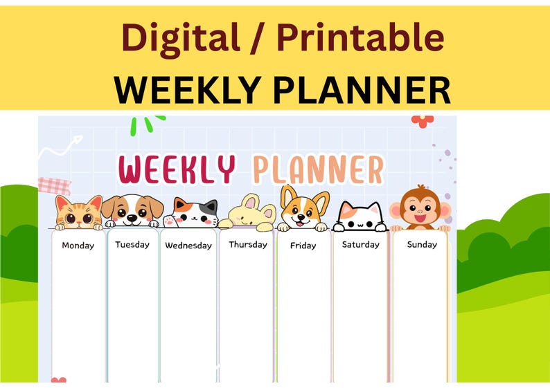 Printable Weekly Planner | Cute Animal Kids Schedule | A4 & US Letter ...