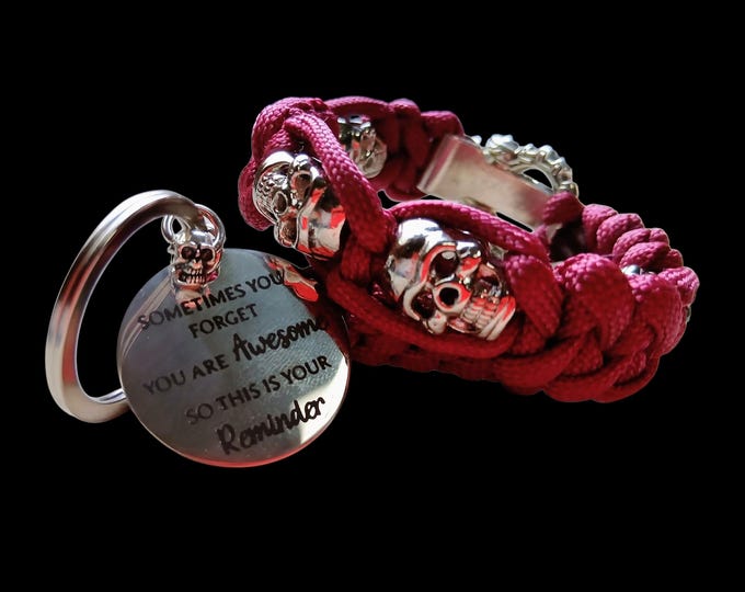 Red Skull Paracord Adjustable Bracelet Set With Clasp & Matching Keyring, Fit 7-8 inch Wrist