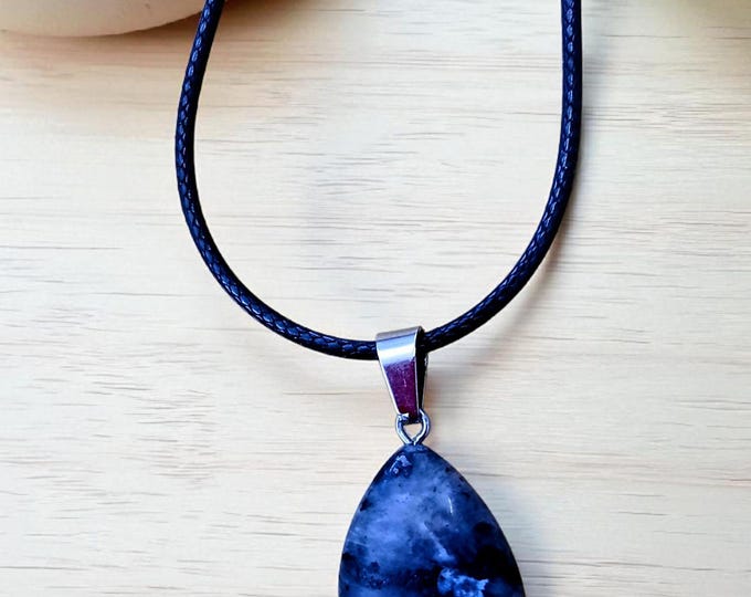 Larvikite Grey & Midnight Tear Drop Pendant Necklace