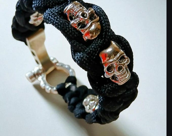 Paracord Skull Bracelet Adjustable With Keyring, Fit 7-8 inch Wrist