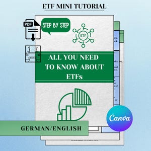 Può includere: Un tutorial intitolato "ETF MINI TUTORIAL" con il testo "ALL YOU NEED TO KNOW ABOUT ETFs". L'immagine include un'icona PDF, un fumetto con "STEP BY STEP" e un logo Canva. La parte inferiore dell'immagine dice "GERMAN/ENGLISH".