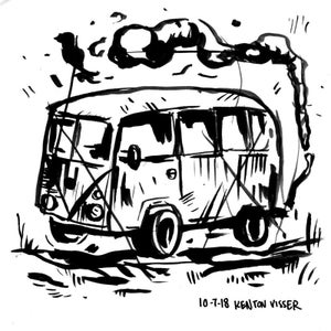 Hippie Van 5"x5" Rysunek tuszem (opcjonalna rama)