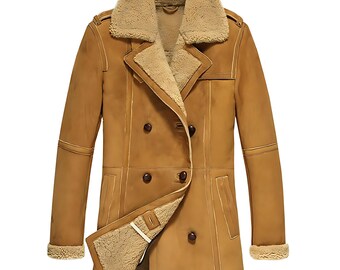 Men’s Shearling Sheepskin Pea Coat – Handmade Winter Leather Outerwear