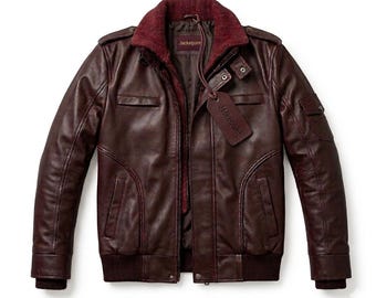 Men's Burgundy Leather Bomber Jacket - Premium Oxblood Flight Jacket with Ribbed Collar - Retro Aviator Pilot Jacket