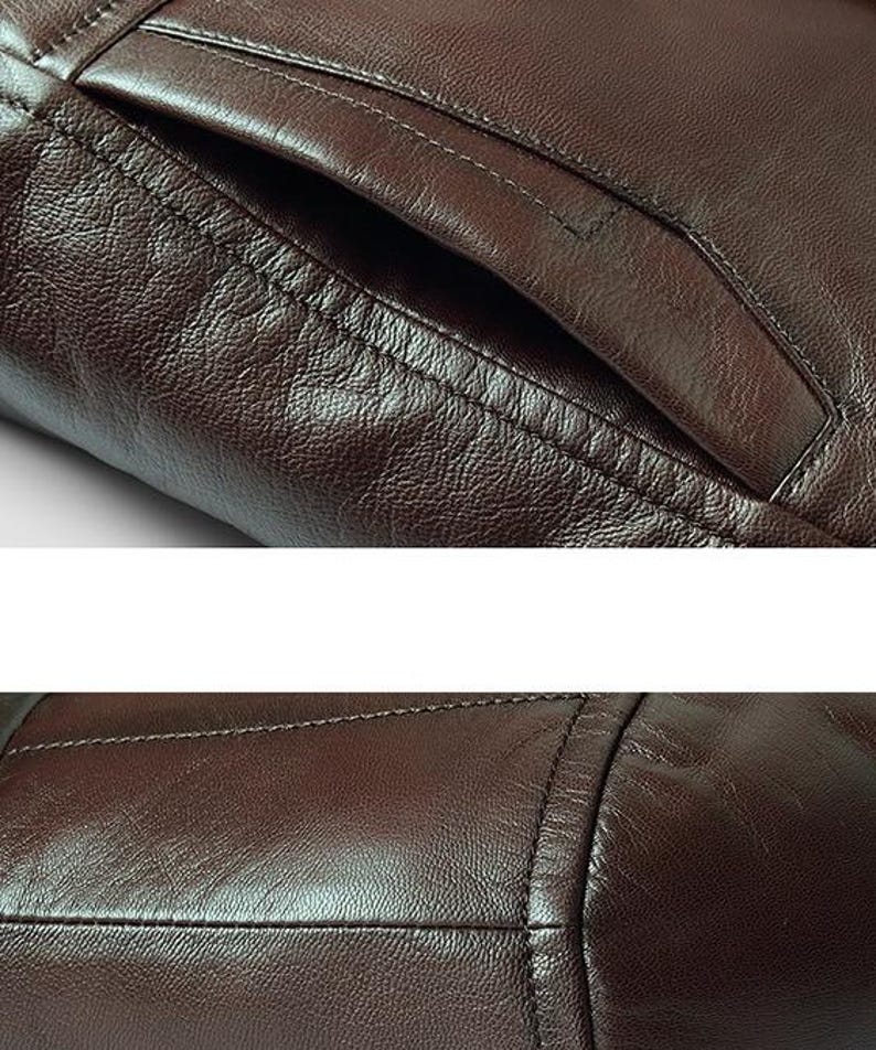 May include: Close-up of a brown leather jacket, showcasing the texture and stitching details. The image highlights a pocket and the seams, emphasizing the craftsmanship and material of the garment. The leather appears to have a slightly distressed finish.