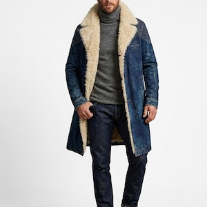 Men's Long Denim Shearling Coat - Acid Wash Indigo Trench Jacket - Full Length Winter Jean Parka with Cream Faux Fur Lapels
