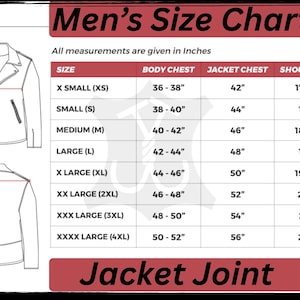 May include: A size chart for men's jackets, with measurements in inches. The chart includes sizes from X-Small to XXXX-Large, detailing body chest, jacket chest, shoulder, and sleeve measurements. The text "Jacket Joint" is at the bottom.