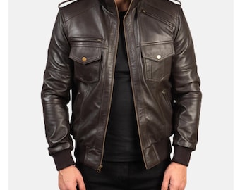 Agent Shadow Brown Leather Bomber Jacket | Real Leather Classic