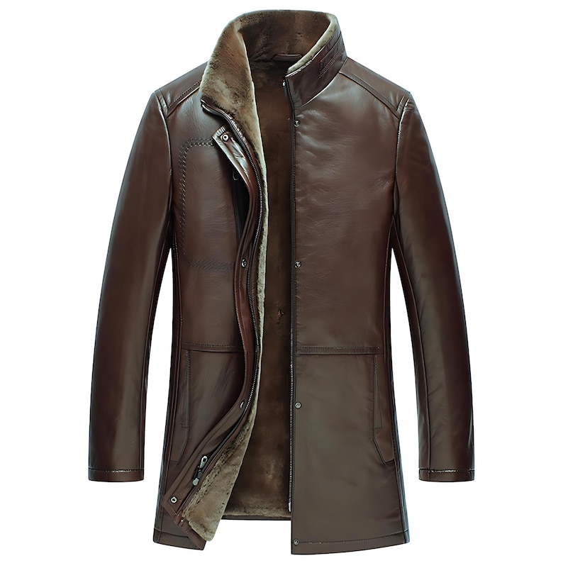 May include: A brown leather coat with a high collar and a fur lining. The coat has a zipper closure and two front pockets. The coat is a medium length, reaching to the mid-thigh. The coat is made of a smooth, shiny leather material.