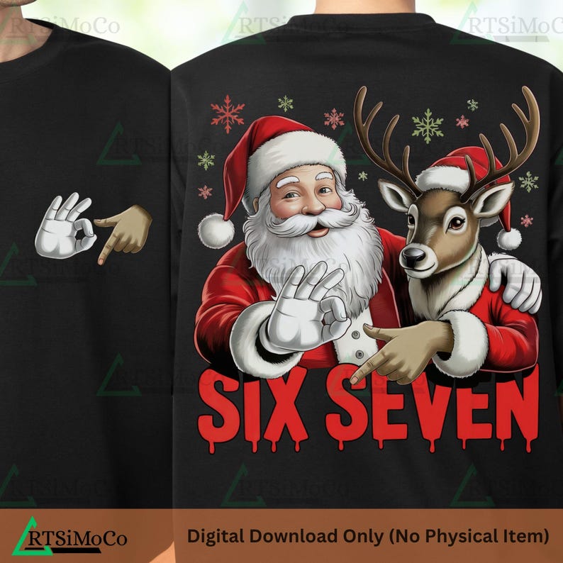 Puede incluir: Sudadera negra con un gr&aacute;fico de Pap&aacute; Noel y un reno, ambos con gorros de Pap&aacute; Noel y trajes rojos. El texto "SIX SEVEN" es rojo. Ropa festiva navide&ntilde;a.