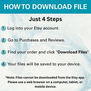 Puede incluir: Un gr&aacute;fico turquesa y blanco con instrucciones sobre c&oacute;mo descargar un archivo. El texto dice "HOW TO DOWNLOAD FILE" y "Just 4 Steps". Los pasos incluyen iniciar sesi&oacute;n en Etsy, ir a Compras y rese&ntilde;as, encontrar el pedido y hacer clic en "Descargar archivos".