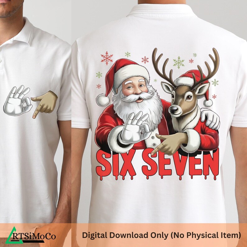 Puede incluir: Polo blanco con un gr&aacute;fico de Pap&aacute; Noel y un reno, ambos con gorros de Pap&aacute; Noel. El texto "SIX SEVEN" est&aacute; debajo. La camisa tambi&eacute;n tiene un gr&aacute;fico de gesto de la mano en la parte delantera.