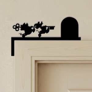 Décoration de porte en métal représentant deux souris en silhouette, décoration murale fantaisiste avec de petits rongeurs, décoration de porte inspirée des contes de fées, paire de souris de dessin animé en métal