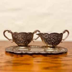 Vintage | Cream and Sugar Set with Tray | Floral | Roses | Silver Plated | Enamel | Tea Setting |