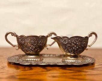 Vintage | Cream and Sugar Set with Tray | Floral | Roses | Silver Plated | Enamel | Tea Setting |