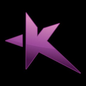 Könnte beinhalten: Ein stilisiertes, lila K-Logo mit sternförmigem Design. Das Logo hat ein glänzendes Finish und befindet sich auf einem schwarzen Hintergrund. Das Design weist scharfe Winkel und eine moderne Ästhetik auf.