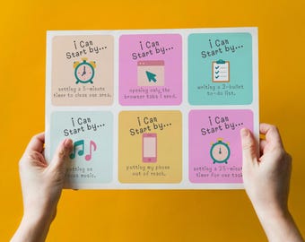 May include: A sheet of colorful square stickers with the text "I Can Start by..." and various productivity tips, including setting timers, writing to-do lists, and putting away phones. The sheet is held against a yellow background.