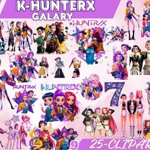 Puede incluir: Una colección de 25 imágenes prediseñadas digitales que presentan ilustraciones estilizadas de ídolos del K-Pop. Las imágenes incluyen varias poses y atuendos, con una paleta de colores vibrantes y el texto "K-HUNTERX GALAXY" y "HUNTRIX".