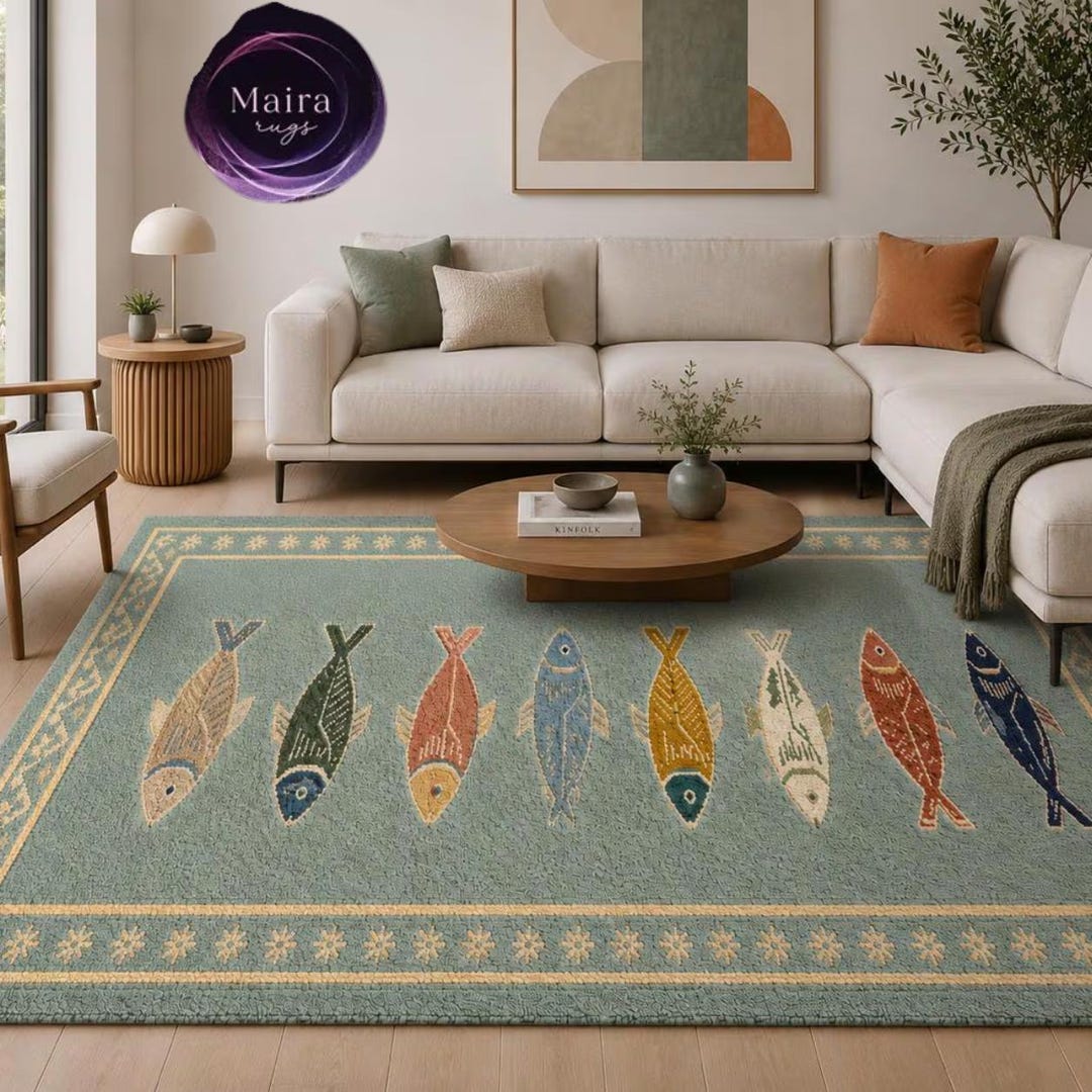 Hand Tufted Fish Area Rug, Coastal Sage Green Wool Carpet, Nautical ...