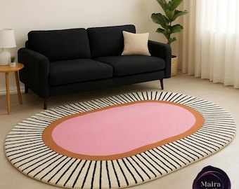 Hand Tufted Oval Rug | Pink Retro, Mid-Century Modern 4x6 , gift for dad