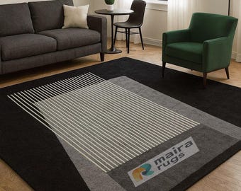 Hand Tufted Area Rug, Modern Geometric Black Gray Rug, Abstract Contemporary Rug, Handmade Living Room Carpet, Minimalist Home Decor
