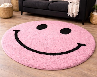 Hand Tufted Pink Smiley Face Wool Rug, Retro Round Carpet, Kids Room Decor