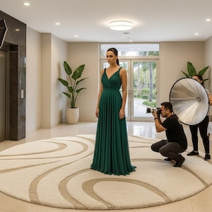 May include: A model in a dark green formal dress is photographed indoors. The dress features a V-neck and a flowing skirt. The photoshoot is set up with professional lighting and a photographer taking pictures.