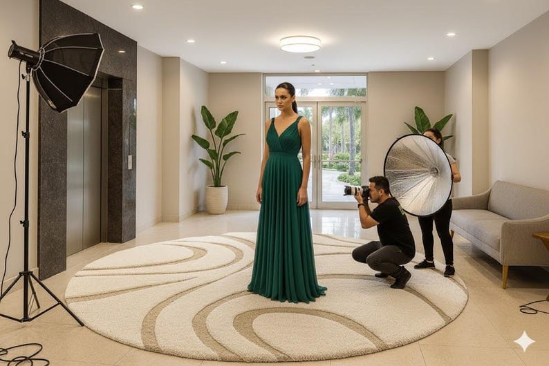 May include: A model in a dark green formal dress is photographed indoors. The dress features a V-neck and a flowing skirt. The photoshoot is set up with professional lighting and a photographer taking pictures.