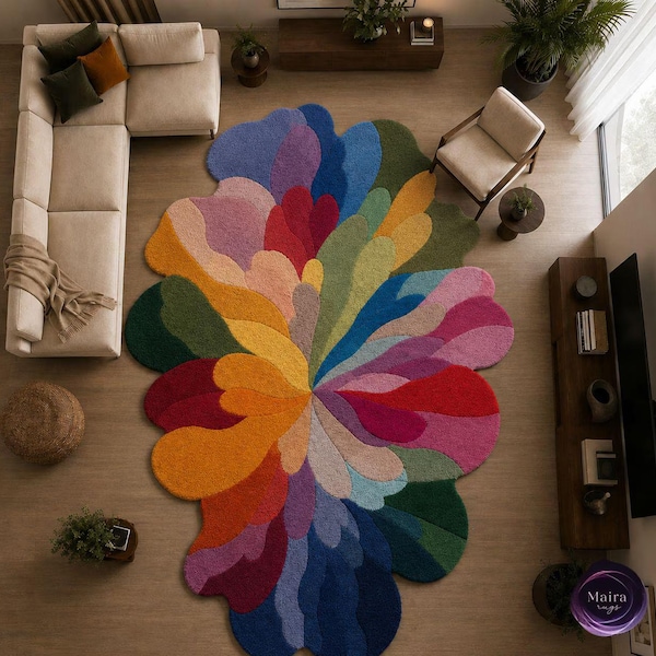Abstract Floral  ireegular Rug, Rainbow Modern Area Carpet, Artistic Statement Floor Decor