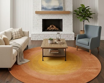 Hand Tufted Wool Rug: Golden Sunburst Ombre, Round Accent Rug
