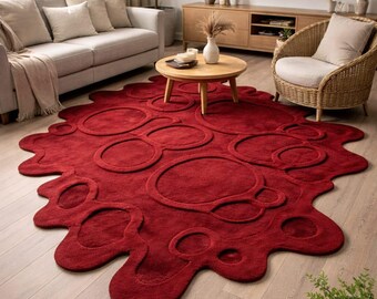 Modern Handmade Irregular Red Area Rug – Organic Sculpted Design for Home Office & Living Spaces