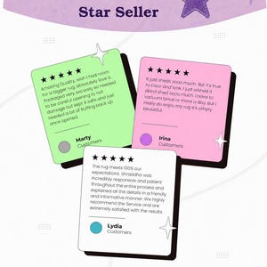 May include: An Etsy Star Seller graphic with customer reviews. The image shows a purple star and three cards with customer testimonials. The reviews praise product quality and customer service.