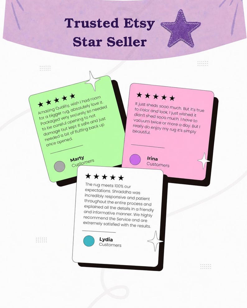 May include: An Etsy Star Seller graphic with customer reviews. The image shows a purple star and three cards with customer testimonials. The reviews praise product quality and customer service.