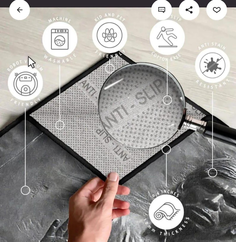May include: A grey anti-slip rug with a black border, featuring a detailed relief design. The rug is 10 mm thick and has a cotton base. It is machine washable, robot vacuum friendly, kid and pet friendly, and stain resistant.