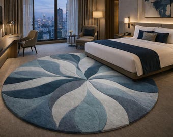 Modern Blue Abstract Round Rug, Plush Geometric Carpet, Minimalist Home Decor