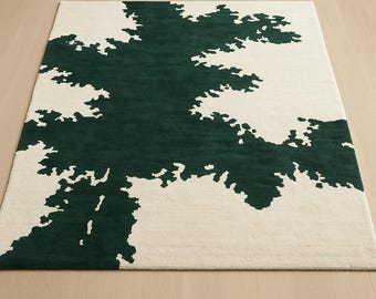 Abstrakter Waldgrüner Creme Teppich, Moderner Minimalistischer Wohnzimmerteppich