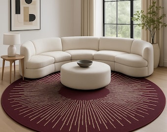 Modern Round Burgundy Sunburst Rug | Plush Contemporary Carpet for Living Room