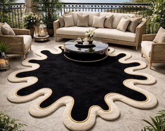 Luxury Abstract Wavy Wool Rug | Black and gold  Sculptural Carpet