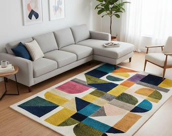 Hand Tufted Colorful Area Rug, Modern Geometric Rug, Multicolor Abstract Carpet, Contemporary Living Room Rug, Handmade Home Decor