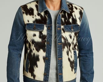 Men's Cowhide Denim Jean Jacket Pony Hair, Handmade Western Vintage Rodeo Cowboy Streetwear