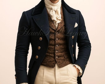 Men’s Victorian Wool Regency Tailcoat, Vintage Gothic Steampunk Gentleman Frock Coat, 19th Century Cosplay