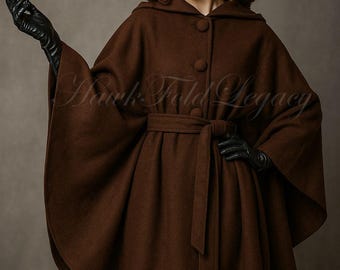 Women's Brown Wool Cape Coat | Handmade Hooded Cloak with Belt | 1950s Retro Winter Poncho